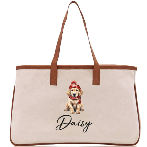 Baby Golden Retriever Custom Name Dog Cotton Canvas Tote Bag Custom Pet Lover Gift Pet Portrait Bag Personalized Pet Owner Gift Tote Bag