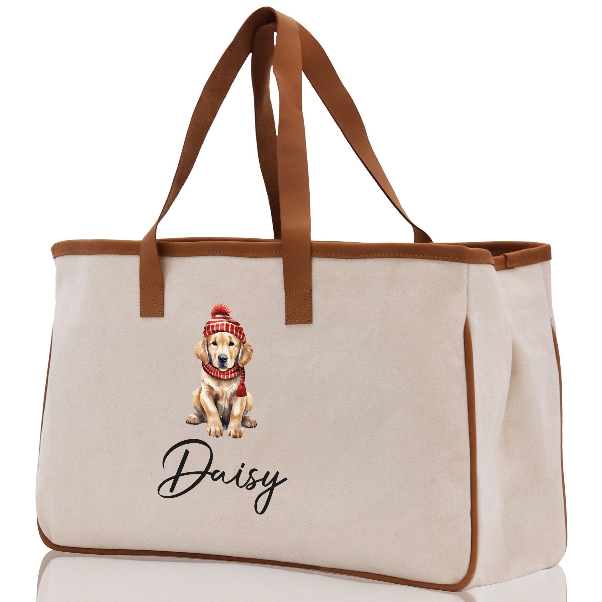 Baby Golden Retriever Custom Name Dog Cotton Canvas Tote Bag Custom Pet Lover Gift Pet Portrait Bag Personalized Pet Owner Gift Tote Bag